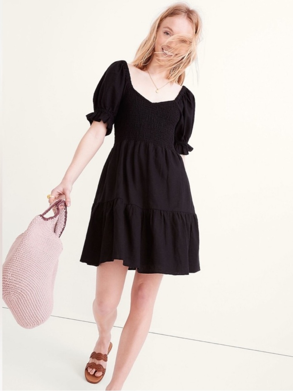 Madewell lucie smocked mini dress black pockets medium linen blend